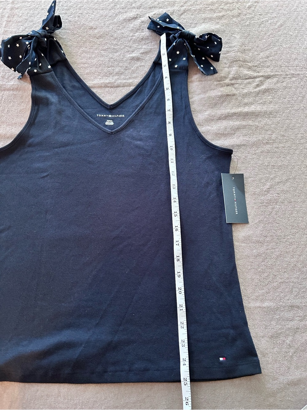 Tommy Hilfiger Tank Top w/ Shoulder White Star Bow V-Neck Navy Cotton Women’s M - Picture 13 of 14